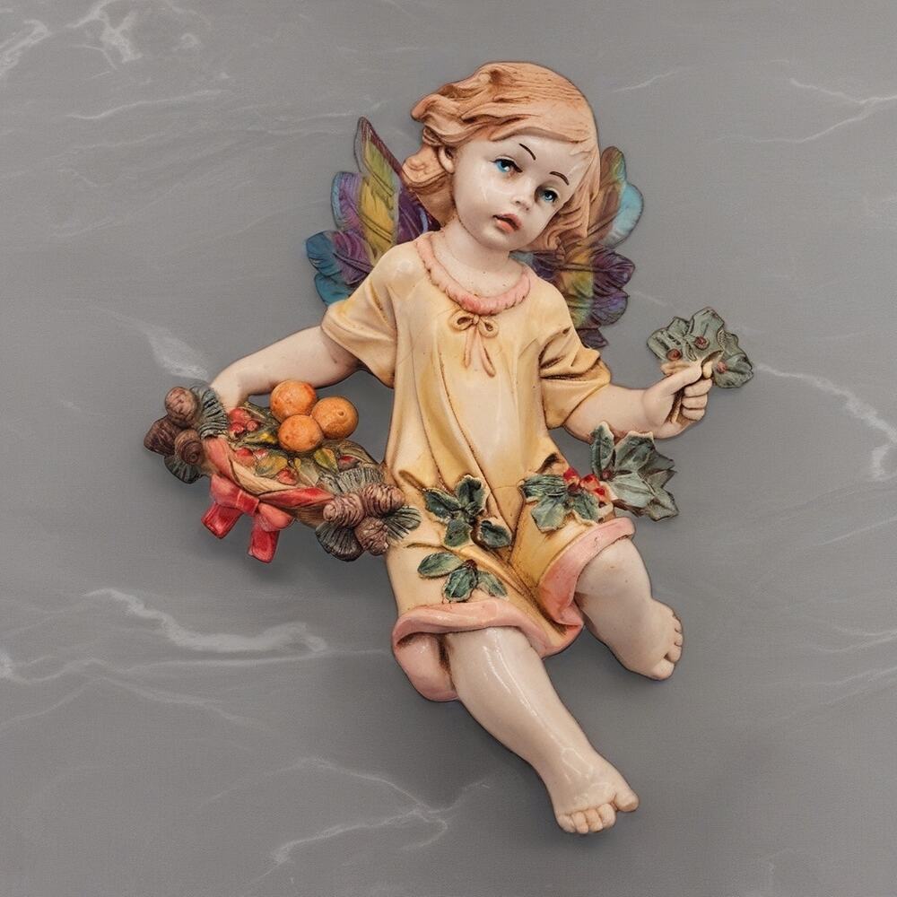 Fontanini Holly Leaf Cherub Angel Figurine Depose Italy Signed Simonetti Vintage